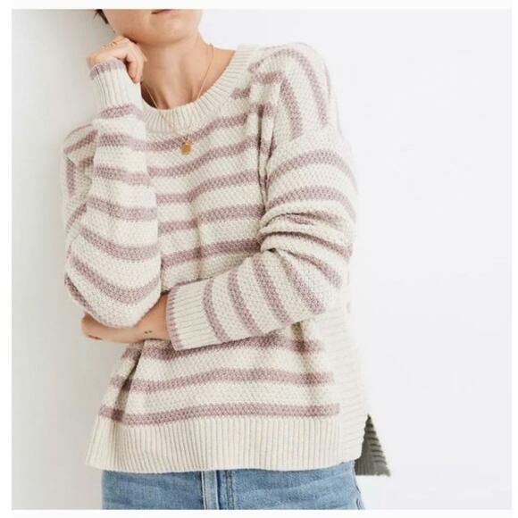 Madewell Striped Pickford Pullover Sweater Pink cream stripes large chunky loose - Picture 1 of 9